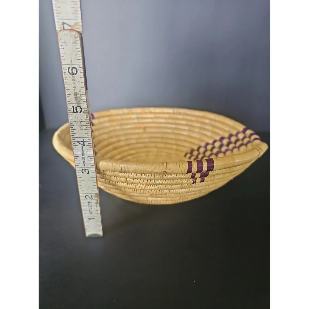 Hand Made Straw Coil Basket African or Native American- Purple Accent 9.5